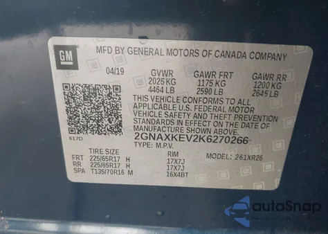 2019 Chevrolet Equinox Lt z USA, uszkodzony, nr VIN 2GNAXKEV2K6270266